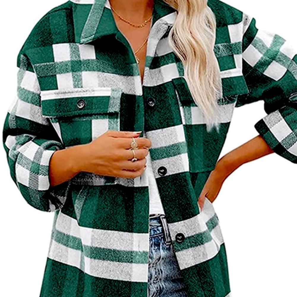 Omoone Women's Casual Plaid Green Shacket Flannel